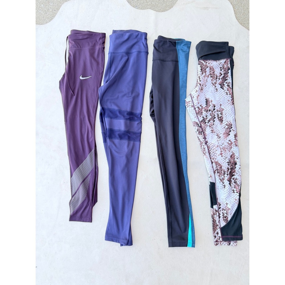 Nike Manduka Tek Gear Leggings Lot 4 Sz M Purple Black Snakeskin Mesh Activewear
